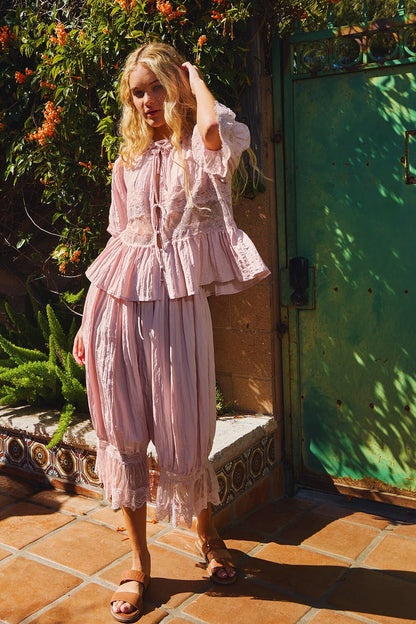 Split Front Sheer Lace Top in Mauve