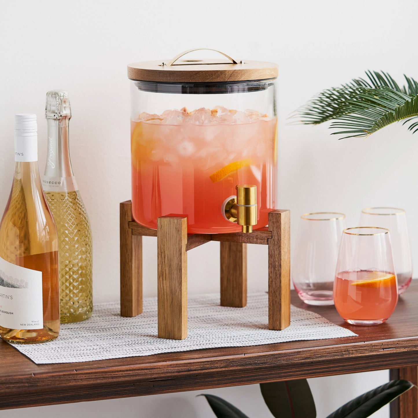 Acacia and Glass Beverage Dispenser w Collapsable Stand: Brown / Acacia / Glass