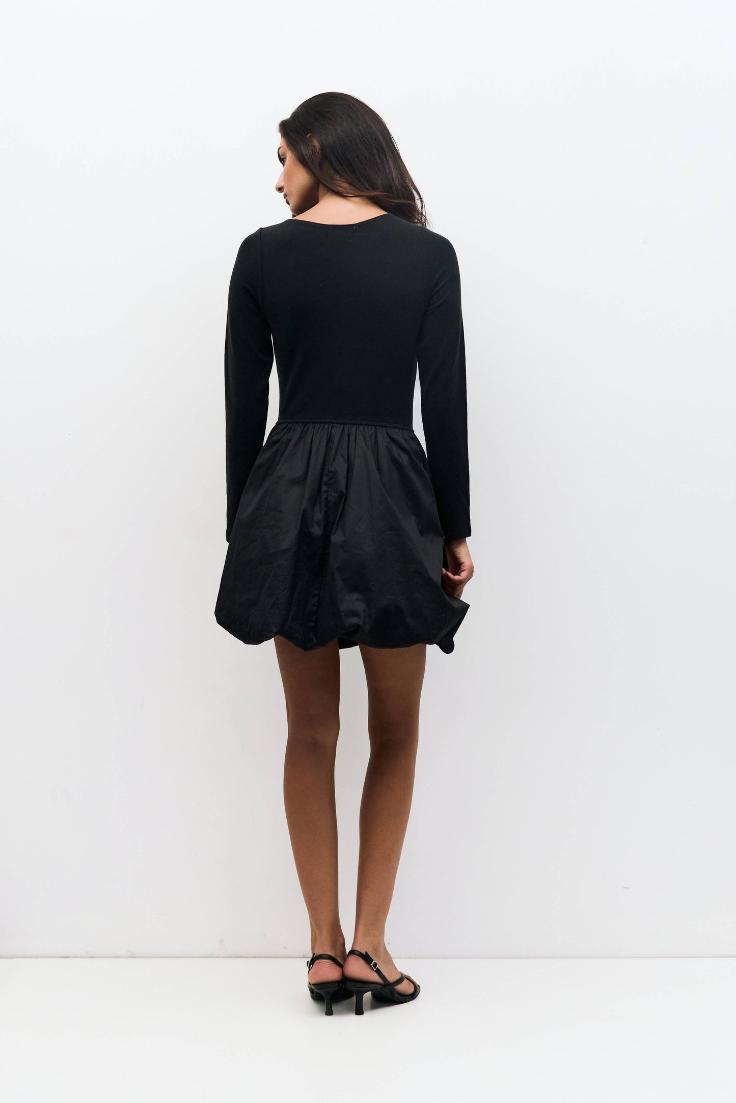 The Yasmin Dress | Long Sleeve Mini Bubble Dress: BLACK-CREAM