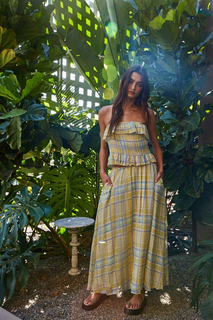Lisa | Woven Cotton Rayon Plaid Midi Skirt: Lime Multi