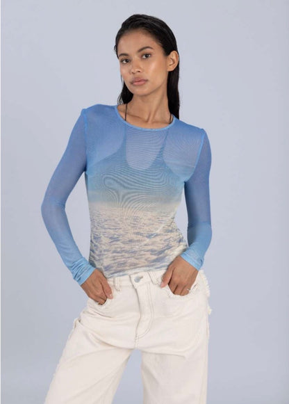 Printed Mesh Long Sleeve Top in Cloud Print