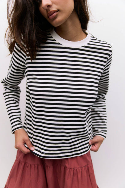The Kathleen Top | Women's Striped Long Sleeve T-Shirt: BLACK-WHITE