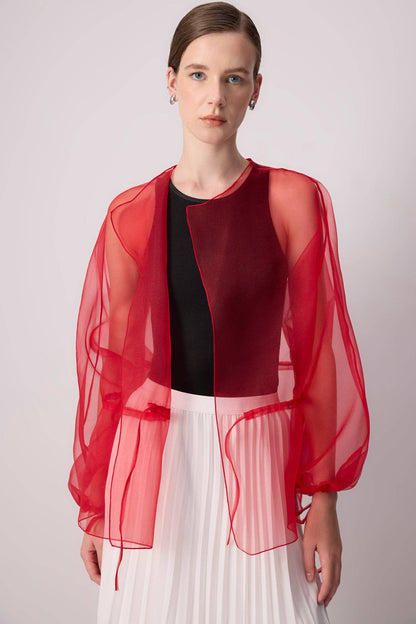 Sheer Organza Jacket with Waist Binding Detail: Red