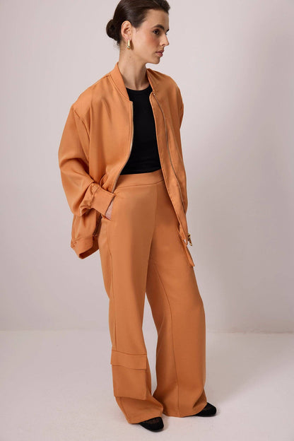 Satin Wide-Leg Statement Cargo Pants – High-Waist Relaxed: Orange