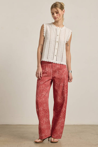 Washed Bandana Print Wide Leg Pants: BANDANA RED