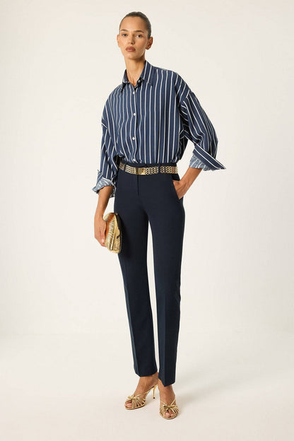 Striped Relaxed Poplin Shirt: Navy Blue / S