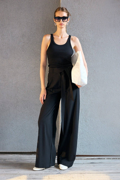Shira: Linen Blend Wide-Leg Trousers: Black