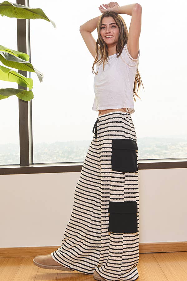 Striped Cargo Wide-Leg Pants in Black