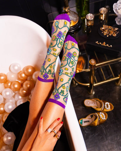 Jeweled Floral Gold Shimmer Sheer Crew Sock