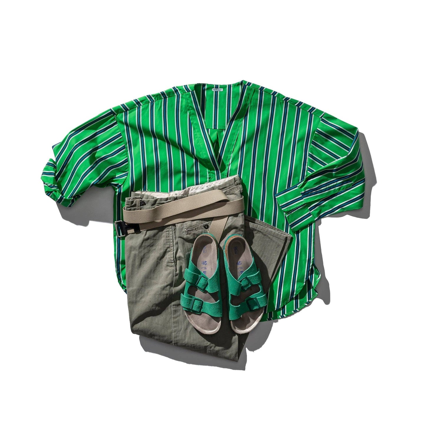 Cotton V-Neck Stripe Shirt: Green / Medium