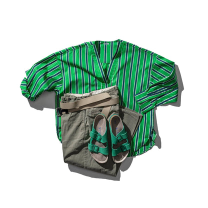 Cotton V-Neck Stripe Shirt: Green / Medium
