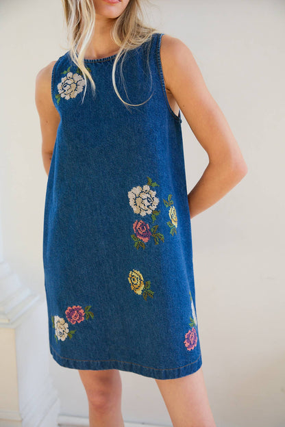 Floral Embroidered Denim Sleeveless Dress: DENIM