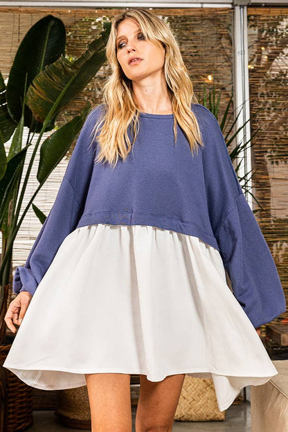 Color-block Oversized Mini Dress in NAVY/ WHITE