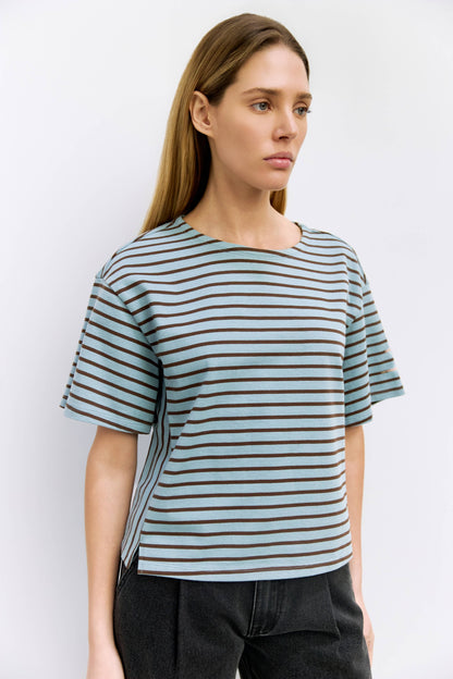The Cassandra Top | Striped Elbow Tee: BLUE-BROWN