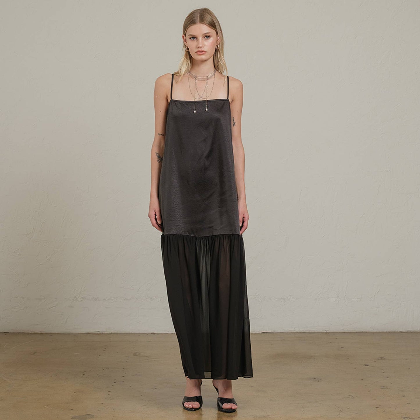 Satin Sheer Hem Maxi Slip Dress: Black
