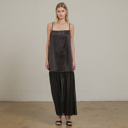 Satin Sheer Hem Maxi Slip Dress: Black
