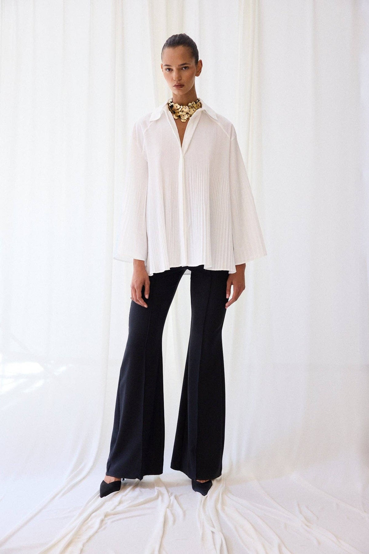 Pleated Belted Cotton Blend Longline Shirt: Ecru / Standart