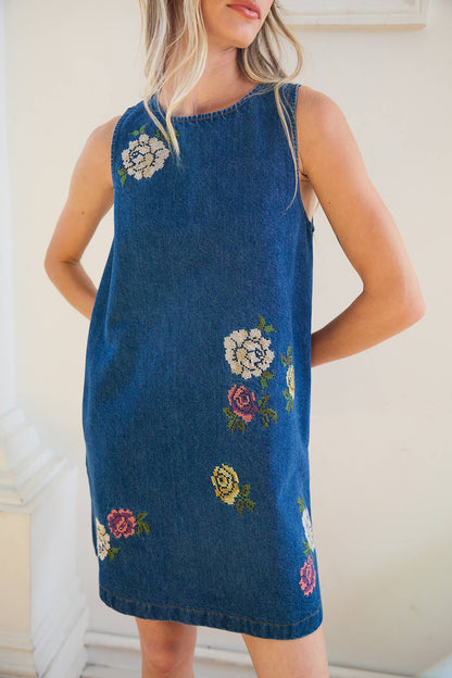 Floral Embroidered Denim Sleeveless Dress: DENIM