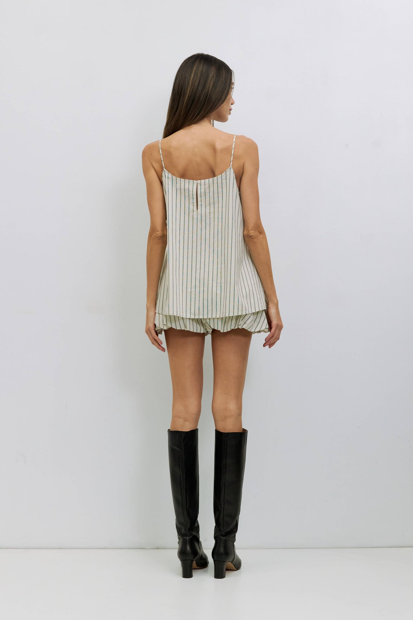 The Harper Shorts | Striped Poplin Bubble Shorts: BONE-BLACK