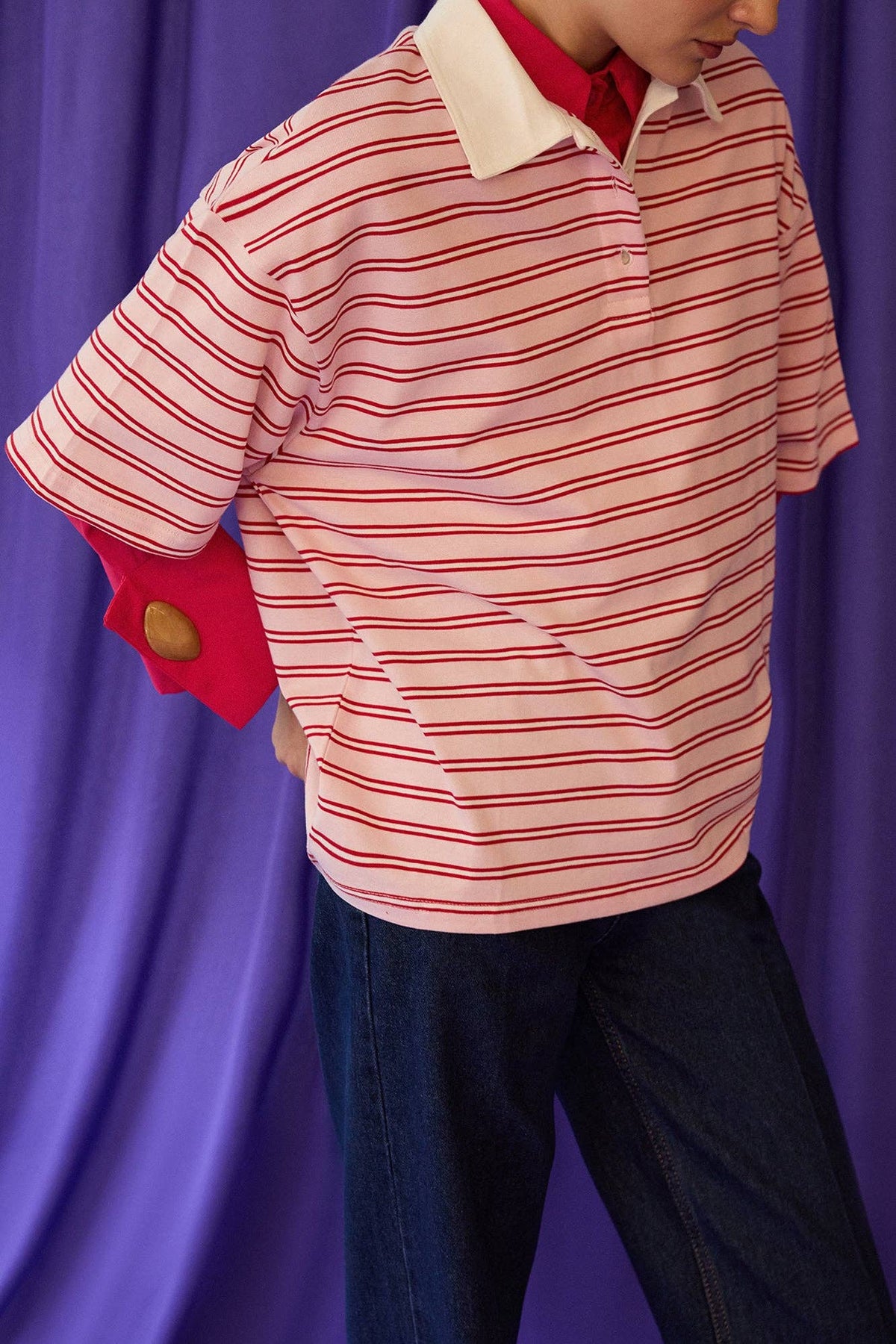 Oversized Striped Polo T-Shirt: Pink / S