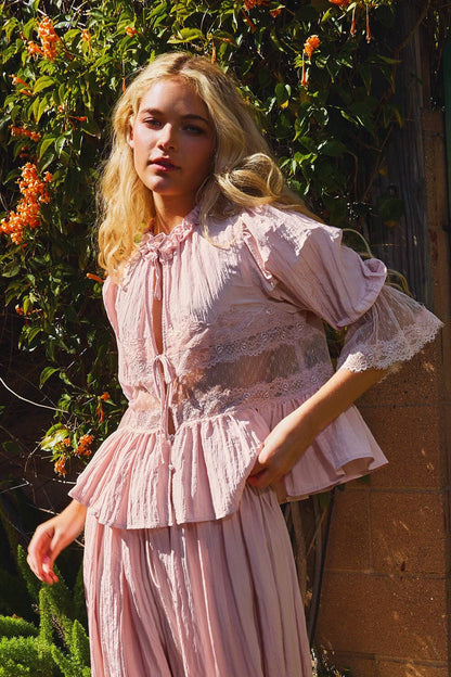 Split Front Sheer Lace Top in Mauve