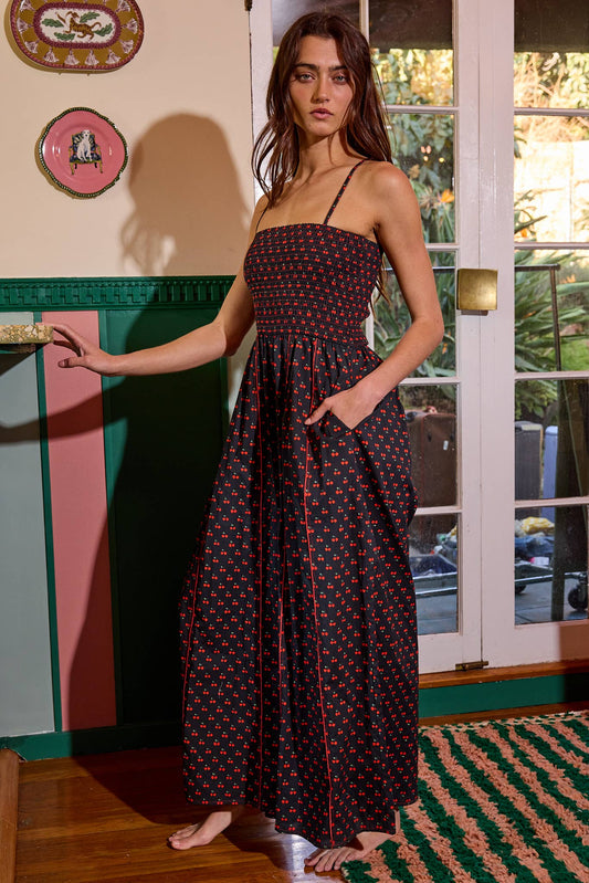 Smocked Detail Print Jumpsuit: Black