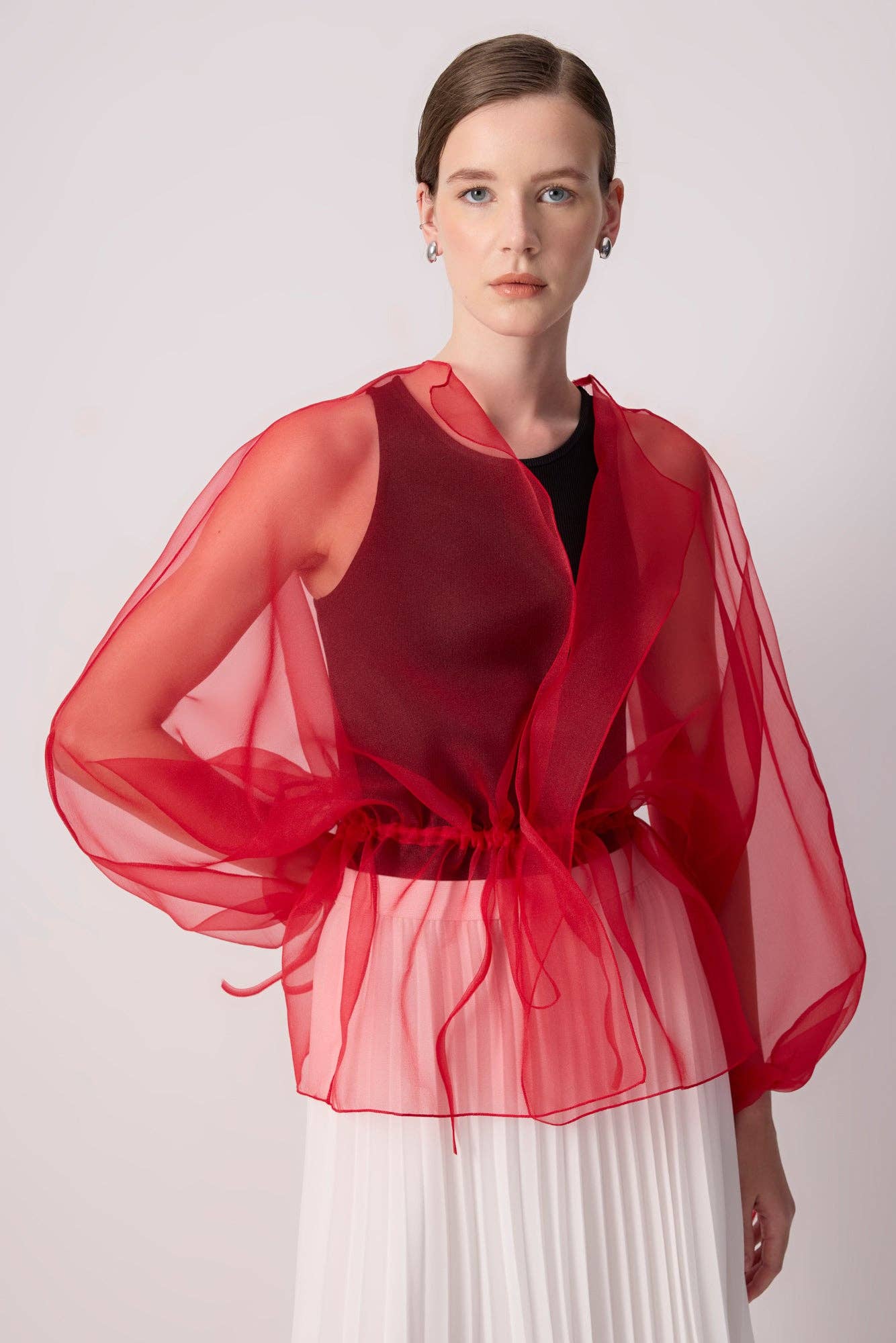 Sheer Organza Jacket with Waist Binding Detail: Red