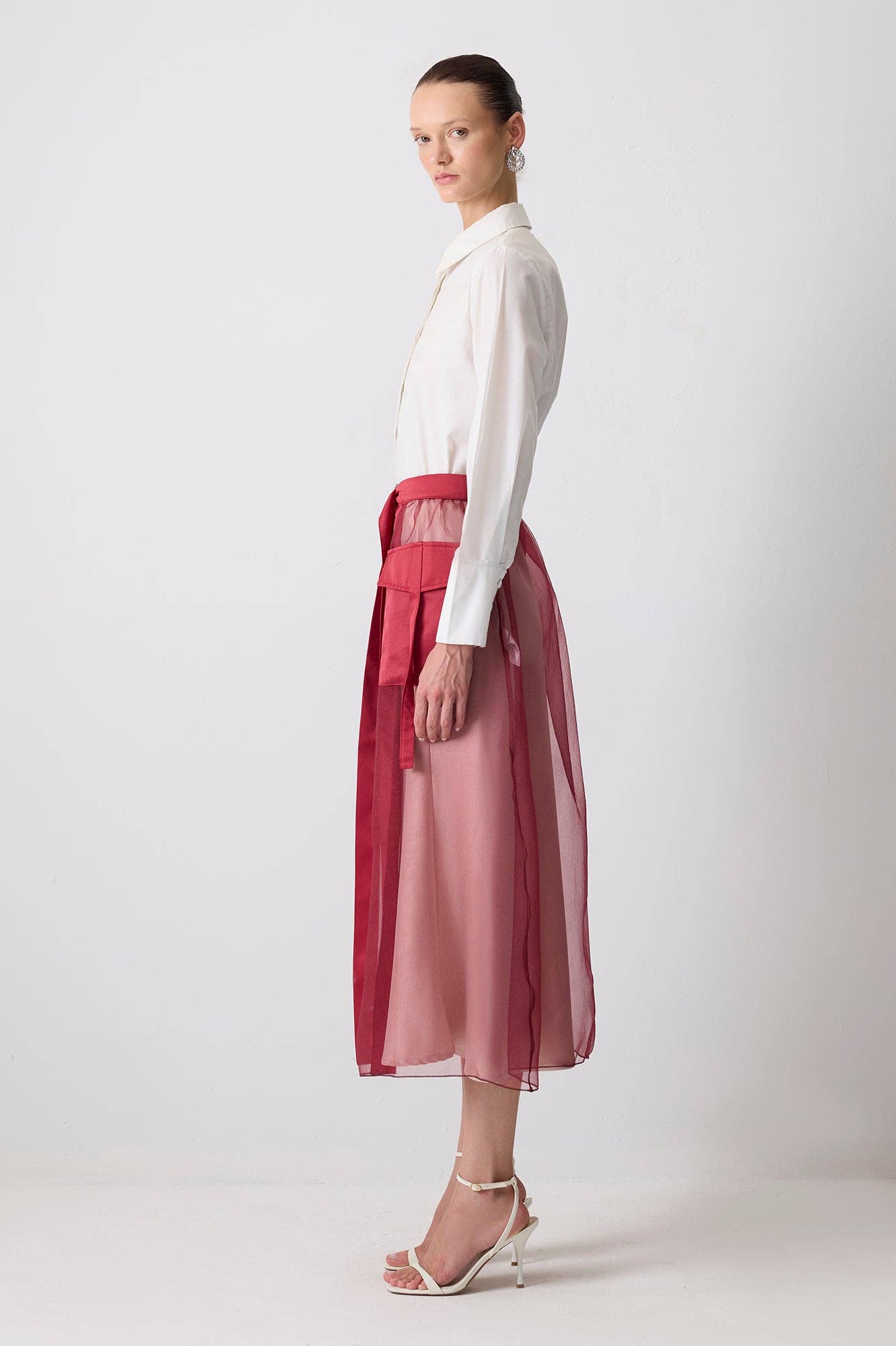 Sheer Organza Layered Statement Skirt with Utility Pockets: Burgundy