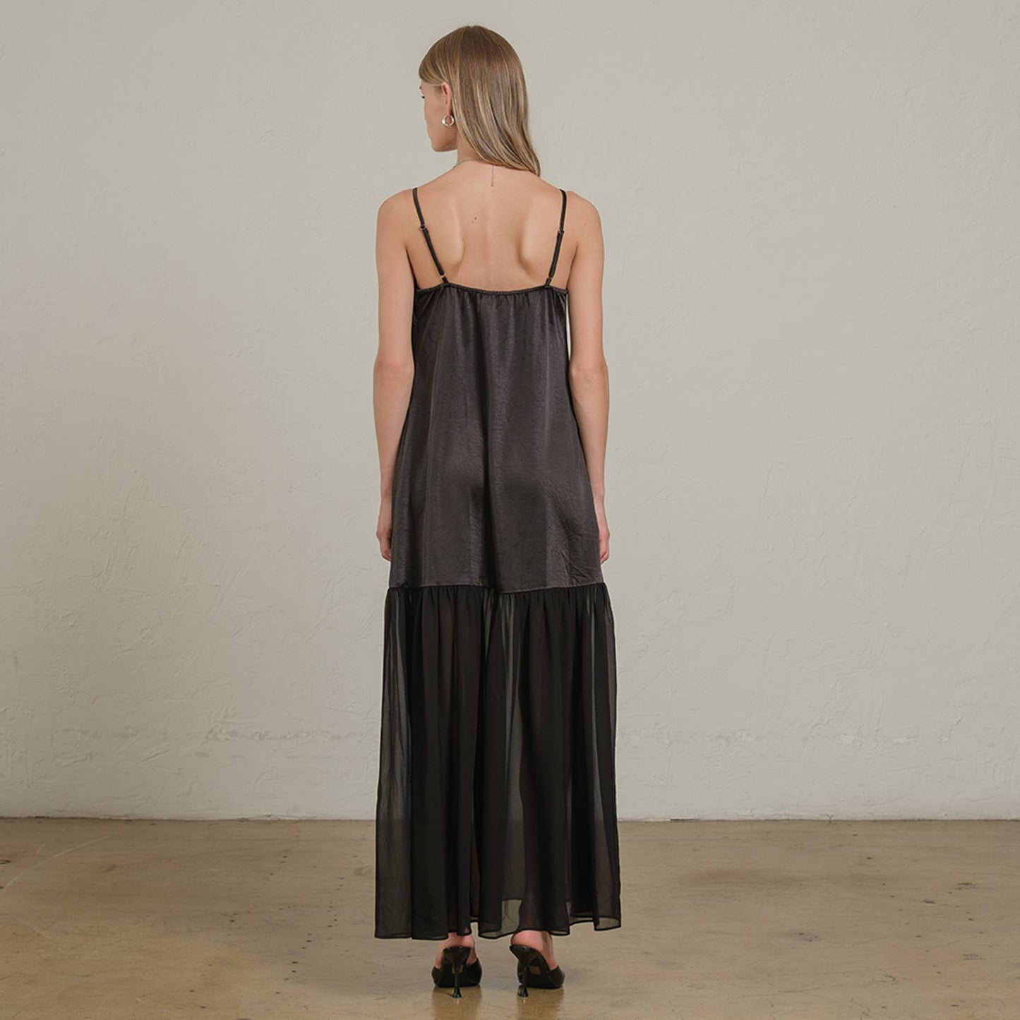 Satin Sheer Hem Maxi Slip Dress: Black