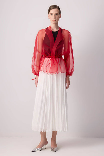 Sheer Organza Jacket with Waist Binding Detail: Red