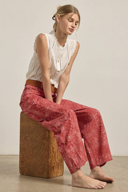 Washed Bandana Print Wide Leg Pants: BANDANA RED