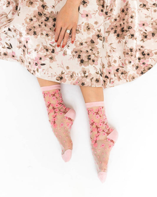 Cherry Blossom Sheer Crew Sock: Size I: Fits US W5.5-10