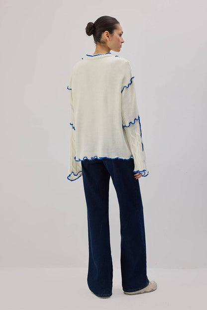 Contrast Trim Knit Cardigan with Tie Front – Statement Cable: Ecru