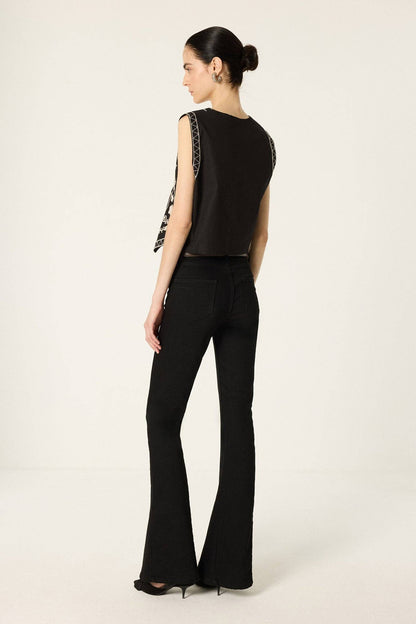 Floral Embroidered Cotton Cropped Button Front Vest: Black