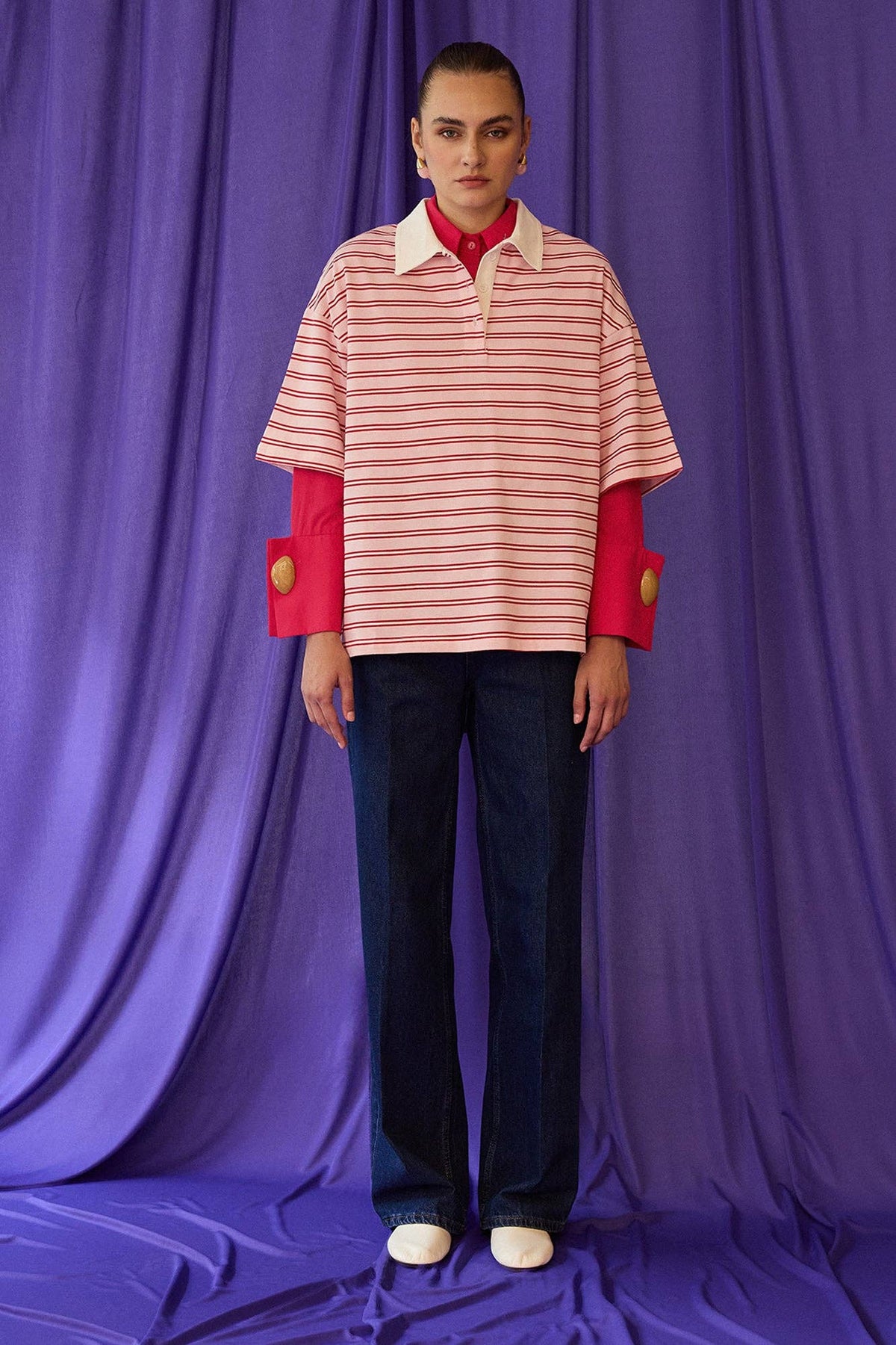 Oversized Striped Polo T-Shirt: Pink / S