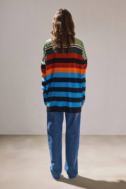 Multicolor Striped Ribbed Mock Neck Sweater