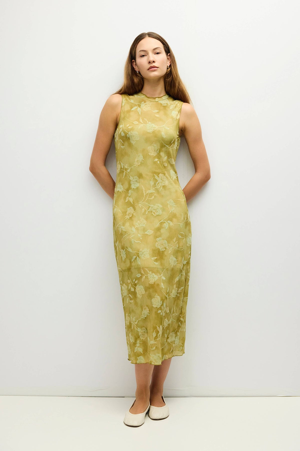 The Zoe Dress | Midi Dress Floral Dress with Mock Neck: Chartreuse