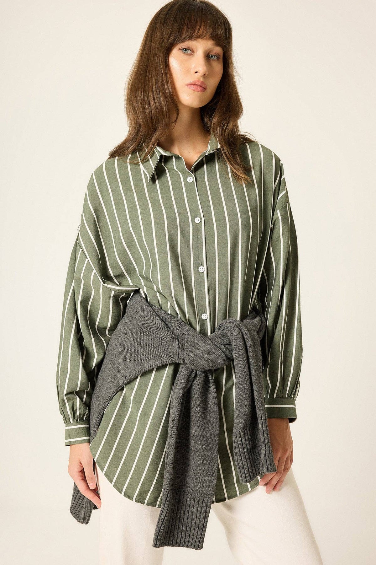 Striped Relaxed Poplin Shirt: Khaki / L