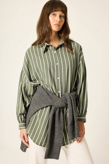 Striped Relaxed Poplin Shirt: Khaki / S