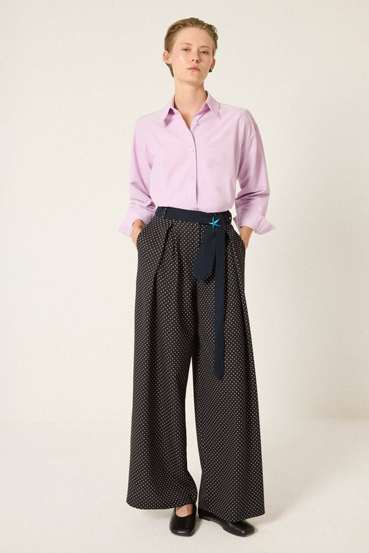 Polka Dot Pleated Wide-Leg Pants - Black