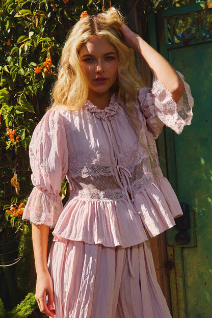 Split Front Sheer Lace Top in Mauve