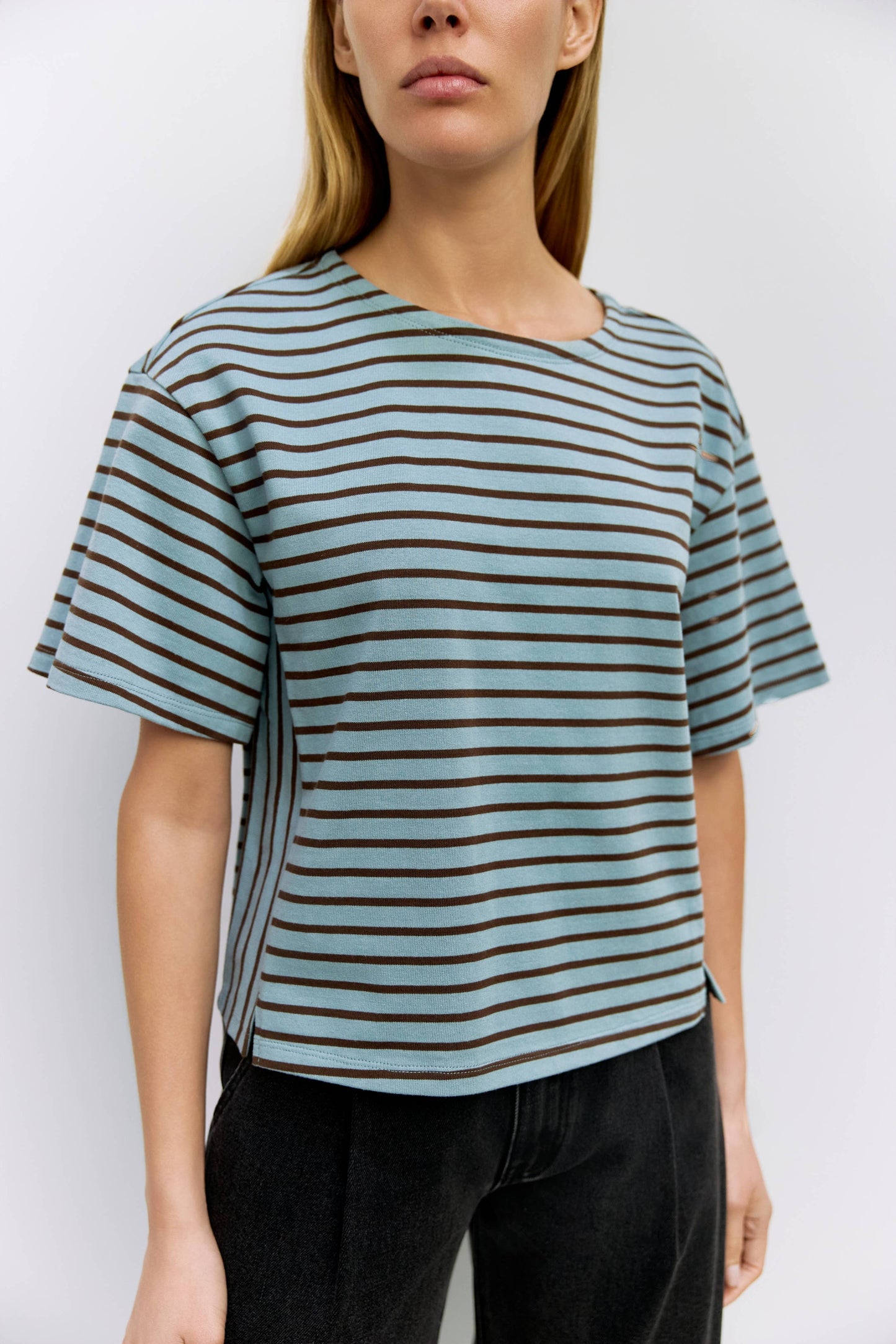 The Cassandra Top | Striped Elbow Tee: BLUE-BROWN