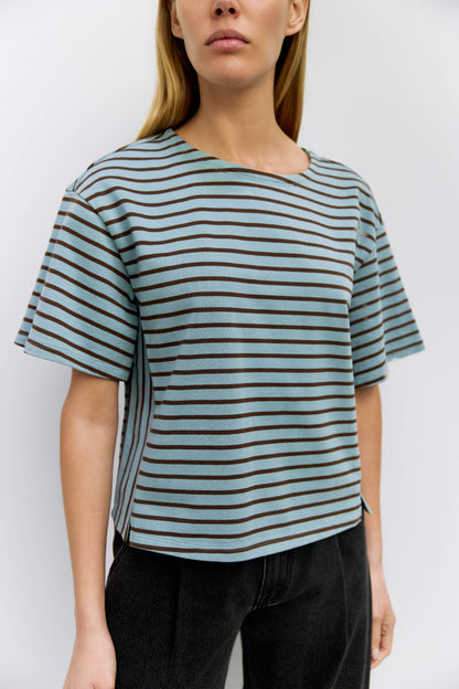 The Cassandra Top | Striped Elbow Tee: BLUE-BROWN
