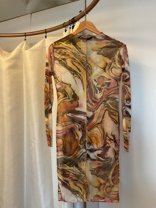 Leonor Aispuro - Mesh Orange Swirl Long Sleeved Dress