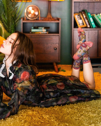 Dark Florals Black Sheer Crew Sock