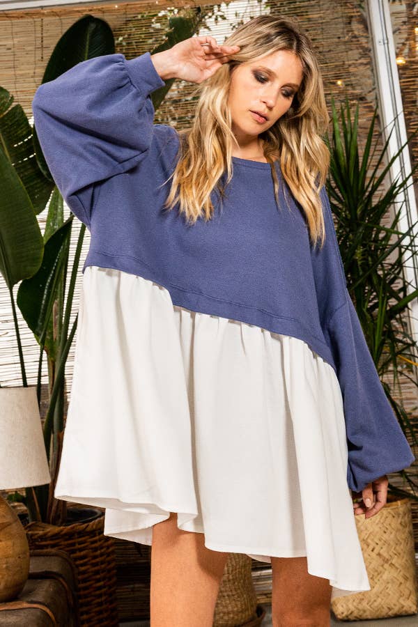 Color-block Oversized Mini Dress in NAVY/ WHITE