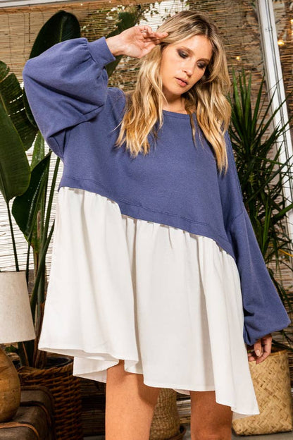 Color-block Oversized Mini Dress in NAVY/ WHITE