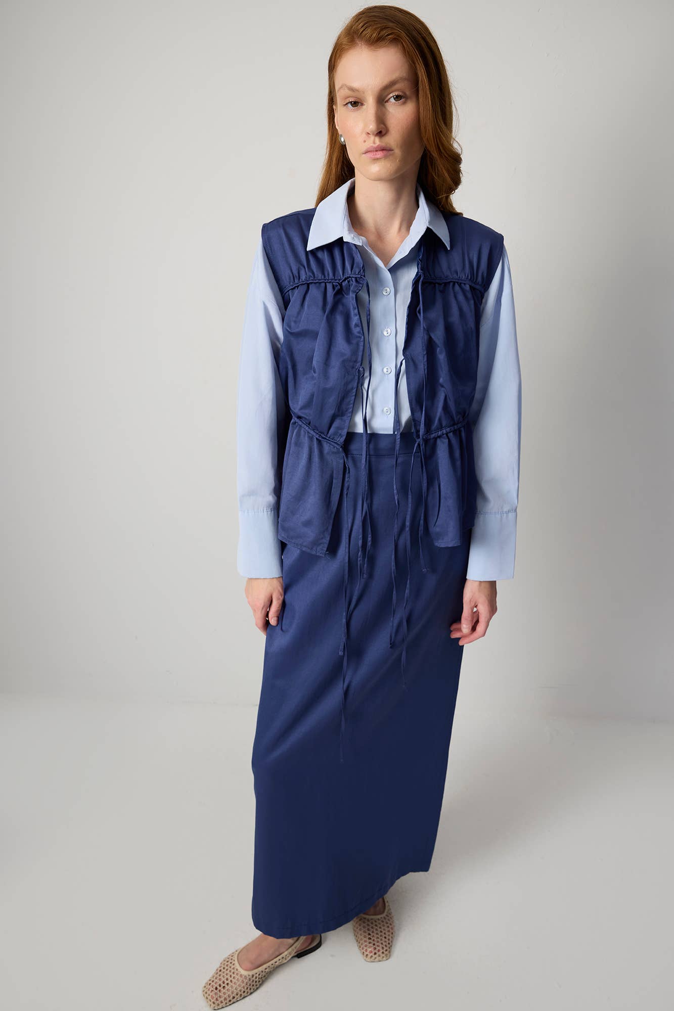 Drawstring Waist Utility Vest – Relaxed Cotton Blend Top: Navy Blue