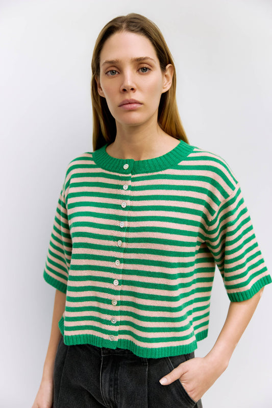 The Jenny Cardigan | Striped Elbow Cardigan: GREEN/PINK
