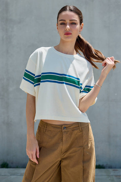 Abigail - Retro Stripe Boxy Tee: IVORY